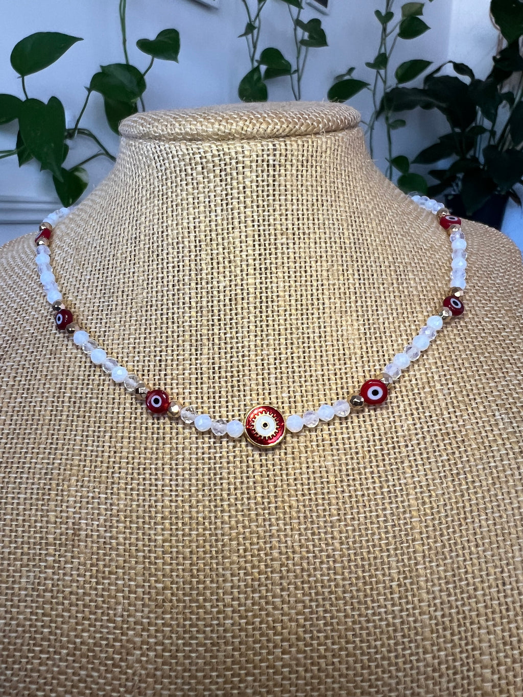 Opalite & Golden Hematite Beaded Evil Eye Necklace