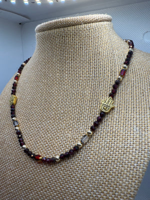 Garnet & 14k Gold Buddha Palm Necklace – 42cm