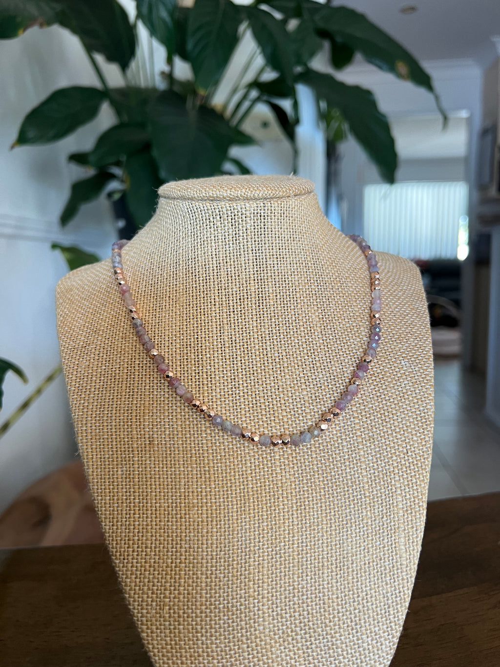 Pink tourmaline & rose gold coated hematite necklace