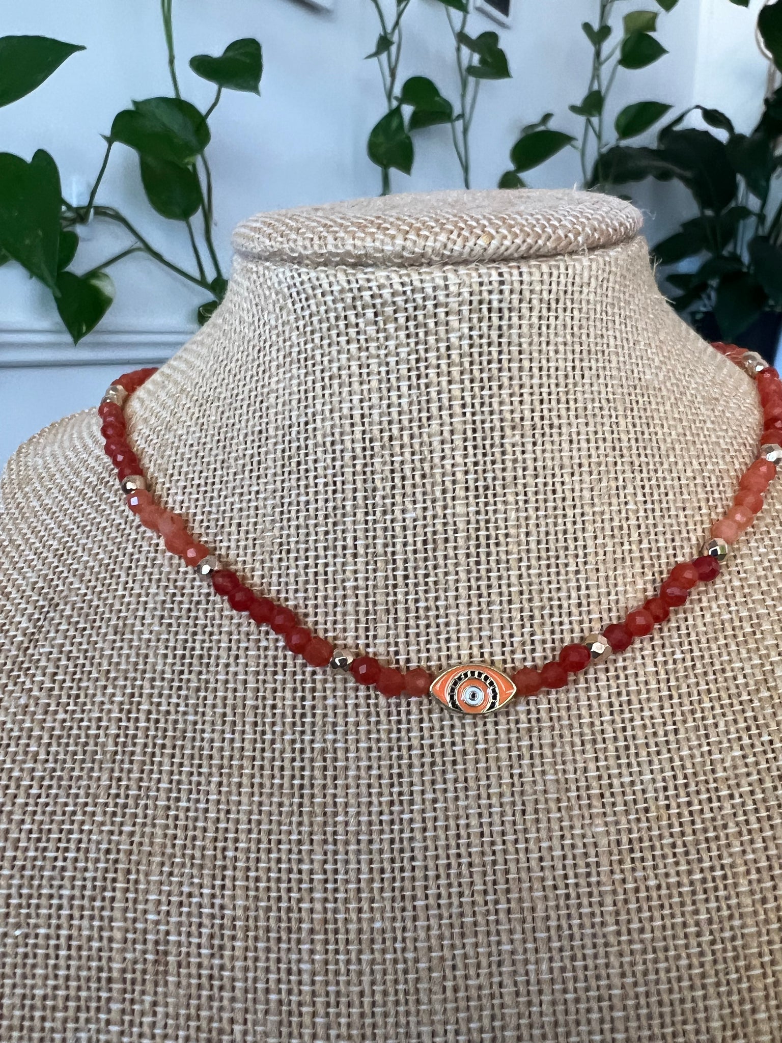 Orange Aventurine & Golden Hematite Evil Eye Necklace